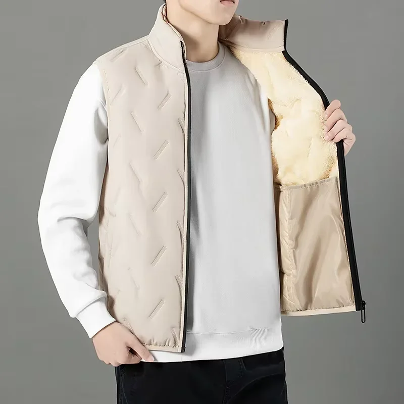 2024 Winter Men's Warm Jacket Embossed Fashion Vest Fleece Windproof Large Size Jacket Solid Color Casual Coat 5XL