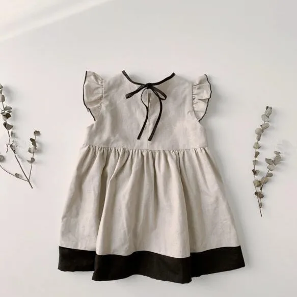 Korean Fashion Summer New Simple Buttful Knot Fly Sleeve Lace Patchwork Dress Kids Clothes Girls Splicing Dress