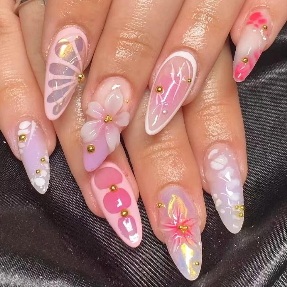 

Fashion Metal Bead 3D Flowers Nail Art Pink Purple Halo Dyeing Almond False Nails Detachable Finished Fake Nails Press on Nails