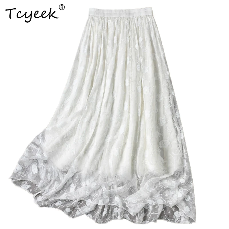 Tcyeek 100% Real Silk Women Long Skirts 2026 Spring French-style Embroidered Flowing Skirt Female Clothing Faldones Para Mujer