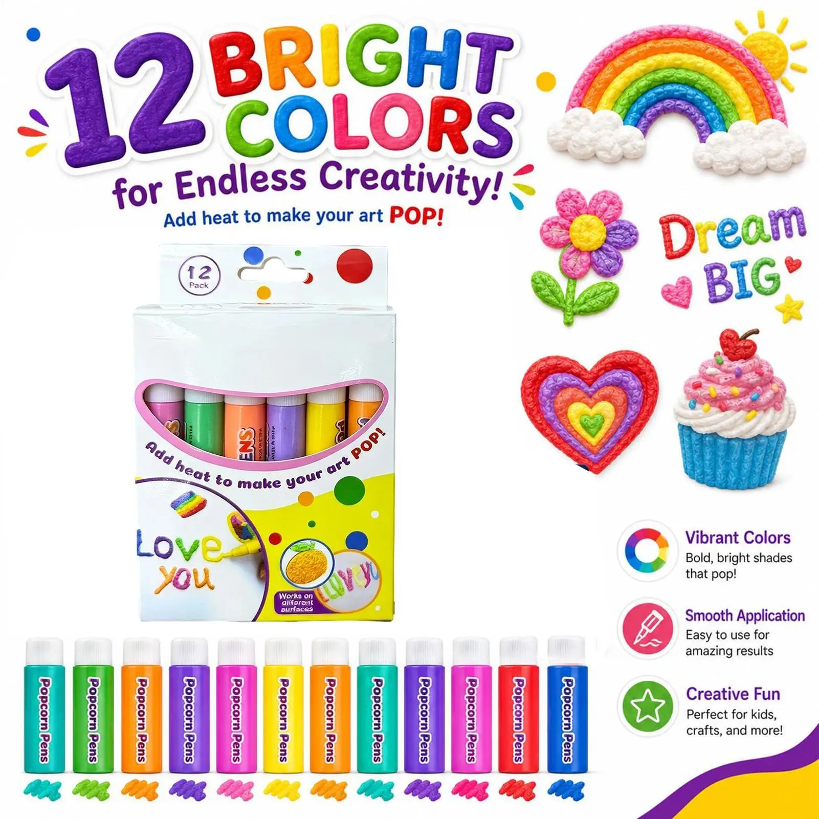 12 Color 3D Puff Paint Markers, Water-Based DIY Art Pens for Fabric, T-Shirts & Crafts, Fun Coloring Gift for School, Classroom