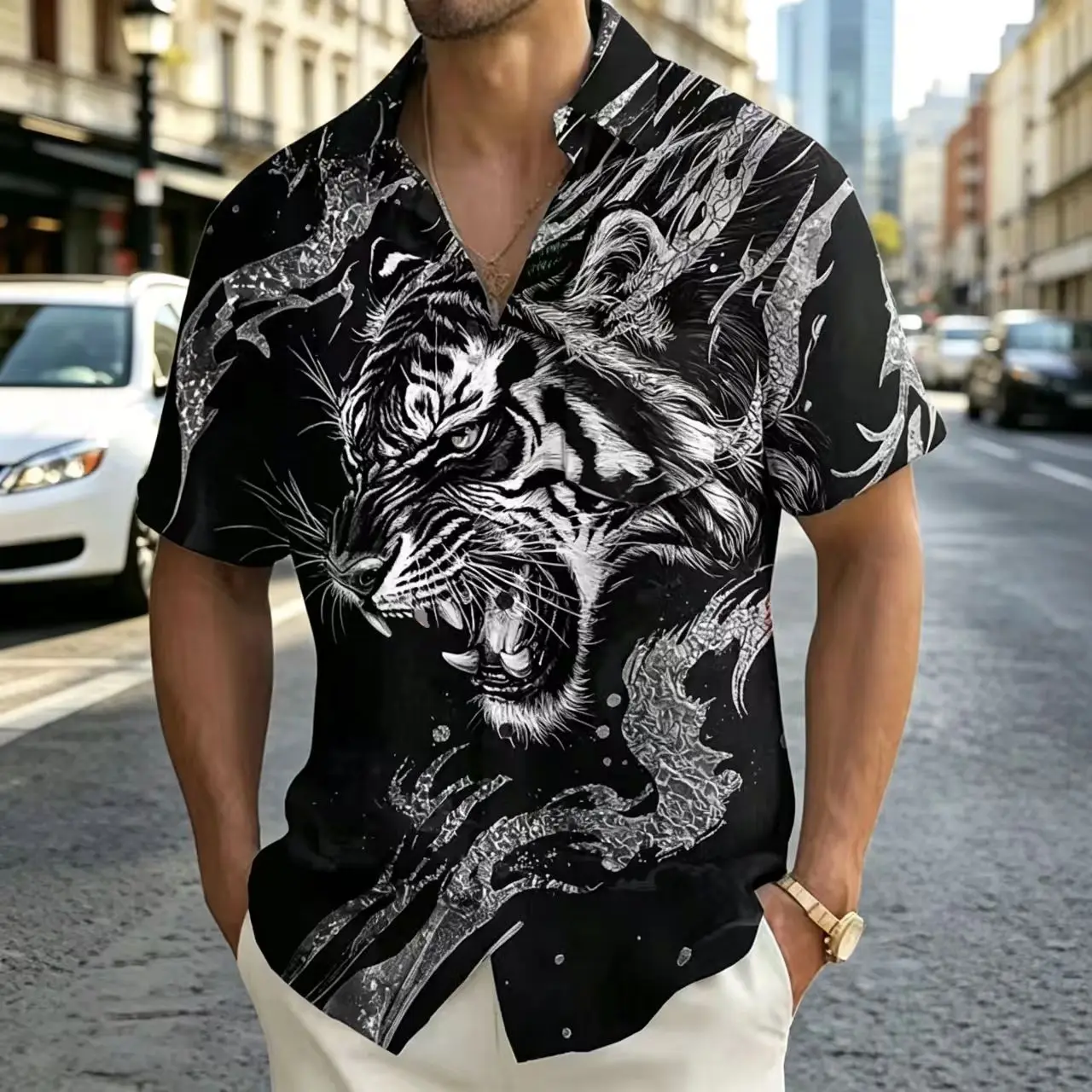 Tiger 3D printed men's short sleeved shirt. Leisure city style, loose cut, festive atmosphere, comfortable fabric. XS-6XL size