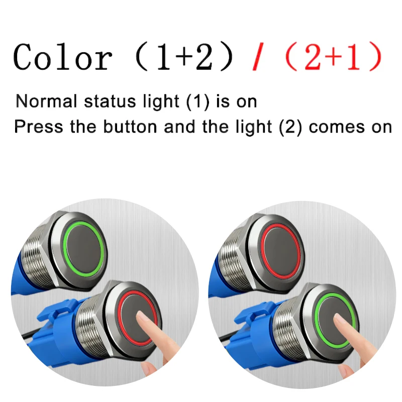 16mm 19mm 22mm Bicolor LED Metal Push Button Switch Waterproof Car Boat 7Pin Momentary/Latching Flat Head  3V 12V 24V 220V