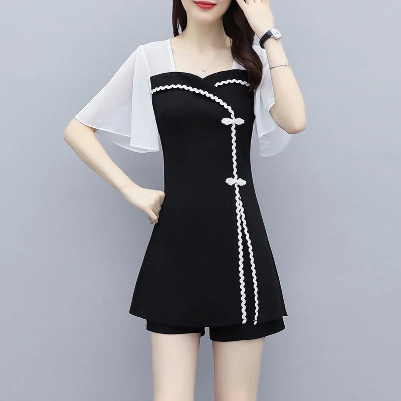 2022 Summer New Plus Size Clothing Women\'s Dress Fashion Casual Doll Collar Top Shorts Two Piece Set Professional Suit For Women