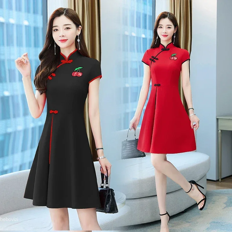 Chinese Style Summer Improved Cheongsam Slim Midi Short Sleeve Modern Qipao Dress Women Clothing CNY