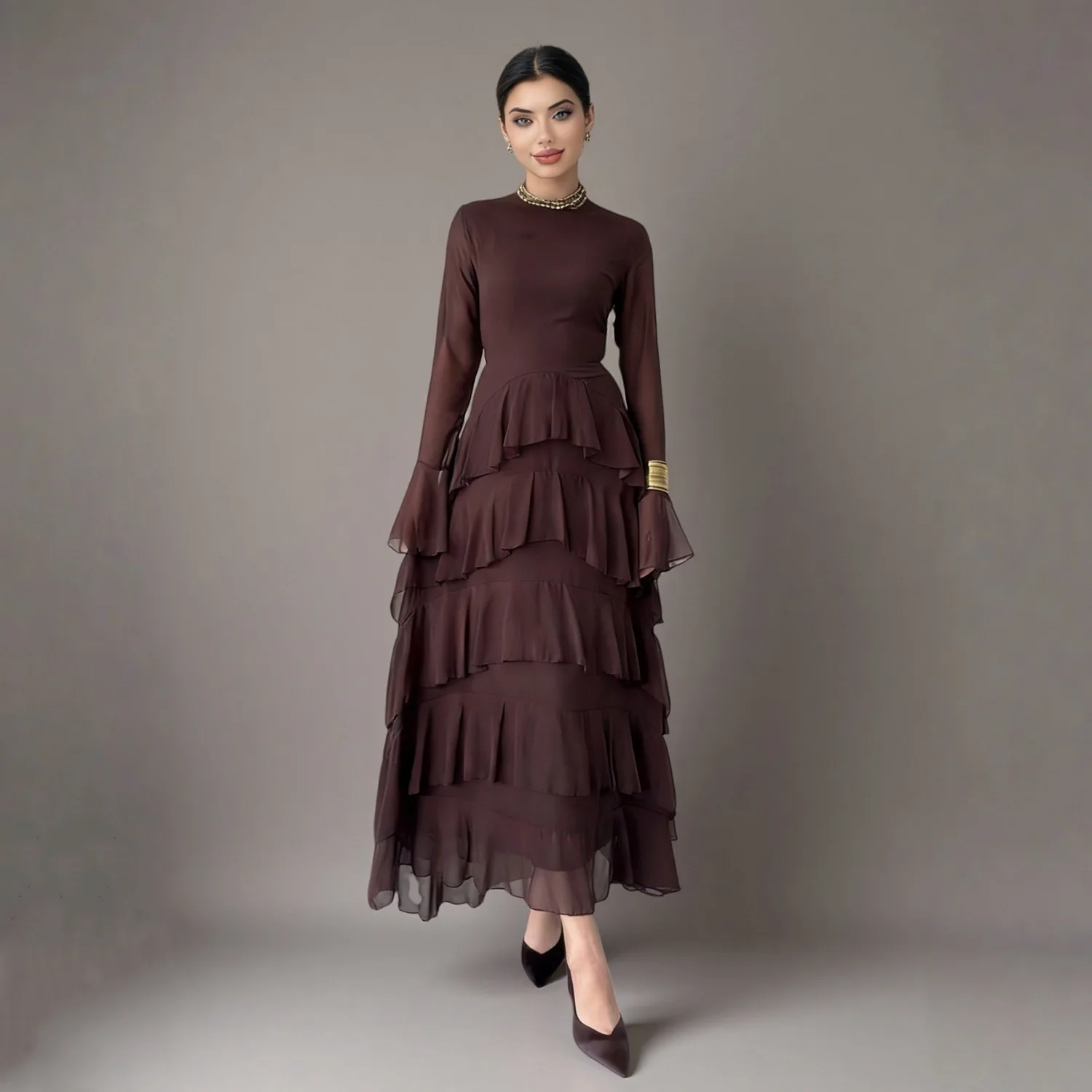 

2026 Ramadan Women Ruffles Long Dress Dubai Abaya Turkey Kaftan Eid Islam Clothing Saudi Arabic Robe Layer Jalabiya Caftan Gown
