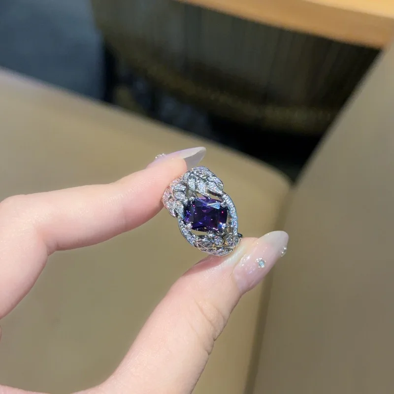 Pure silver new product Caibao deep purple zircon ring for women's fashion simulation amethyst European and American women