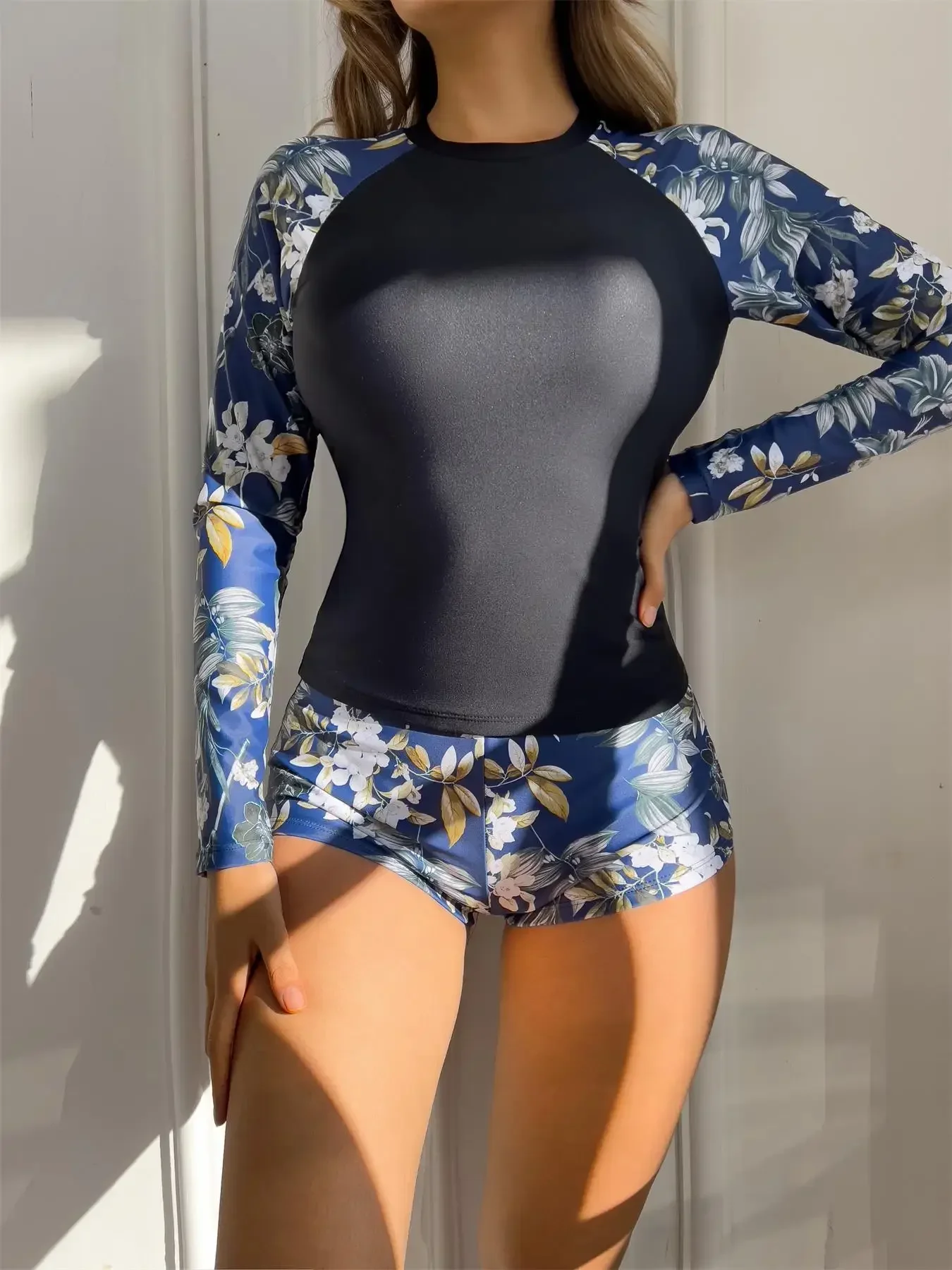 2025, Blumen-Badeanzug, Tankini-Set, Damen-Bademode, Sport, Strandkleidung, Badeanzüge mit Shorts, Mädchen, langärmelig, Damen-Rashguards