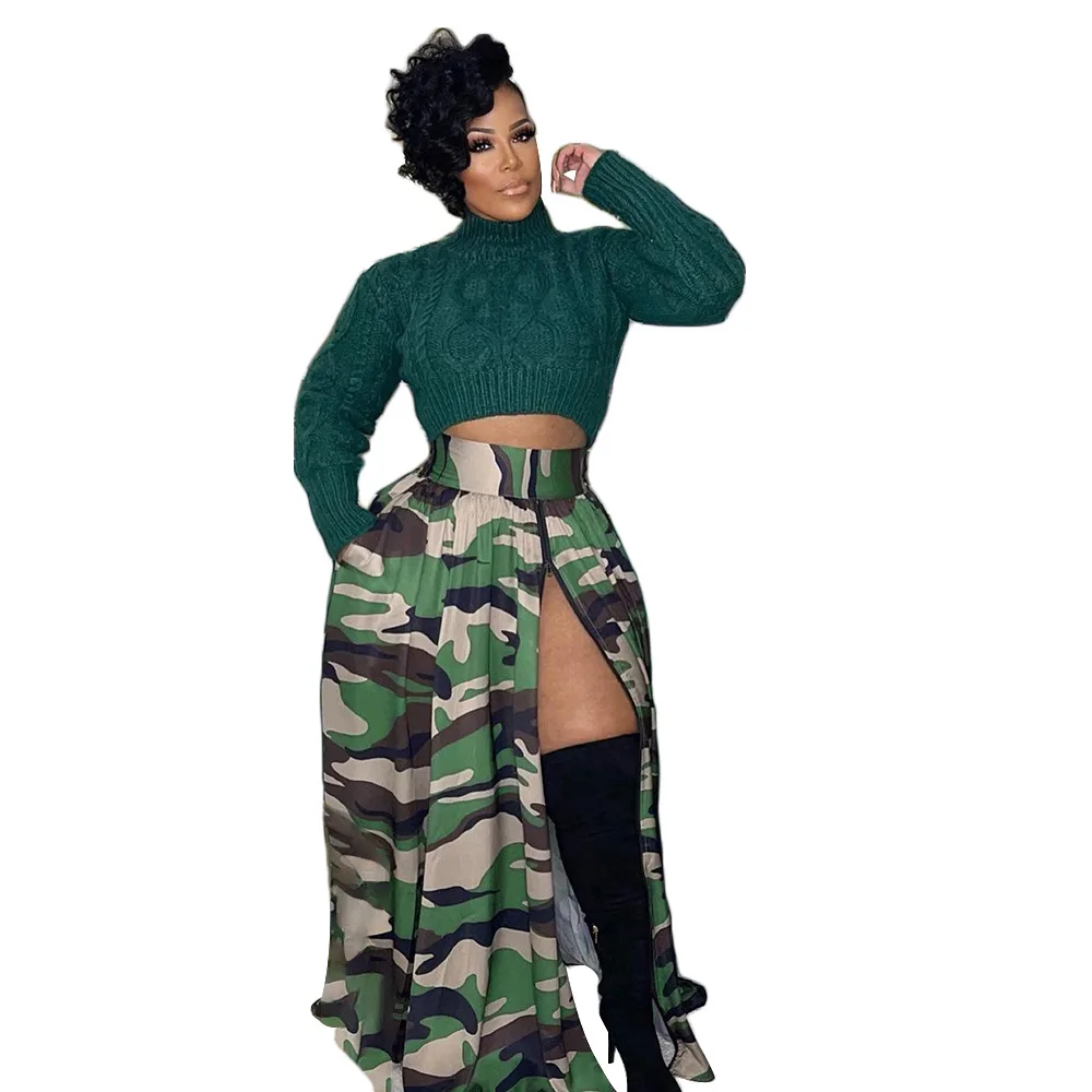 2023 Spring and Summer New Women's Casual Camouflage Printed Zipper Slit Elastic High Waist Skirt Long Skirts for Women