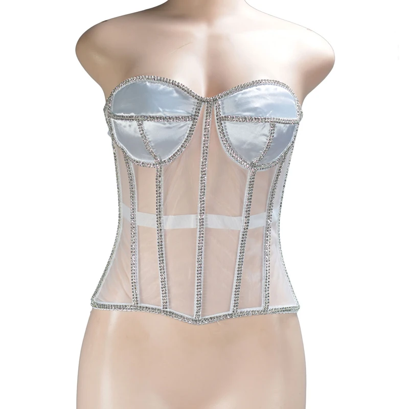 Sexy Women\'s Mesh Overbust Corset Tops 2023 Elegant See Through Diamond Bra Corsets and Bustiers Sliming Body Shaper Lingerie