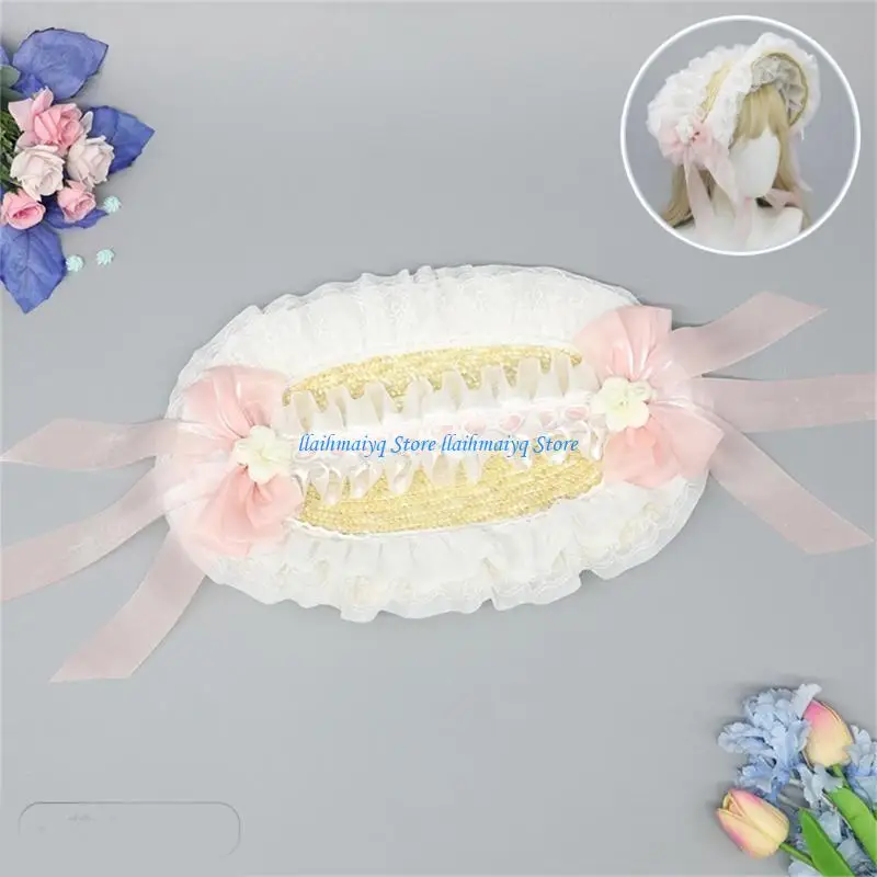 

573B Lace Bowknot Bonnet Hat For TeaParties And Cosplay Costume Straw Sun Hat for Vacation Adjustable Sunproof Hat