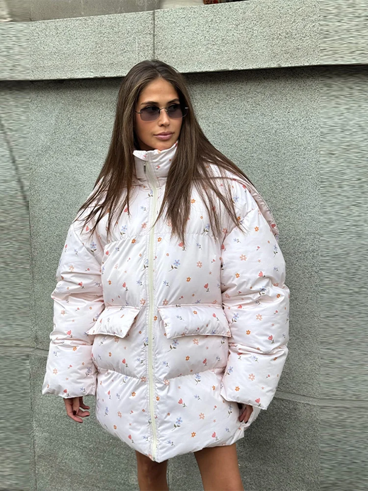 

Winter Print Women's Hooded Coat Loose Stand Collar Zipper Pocket Full Sleeve Cotton Jacket Fashion Lady Warm Thick Warm Outwear