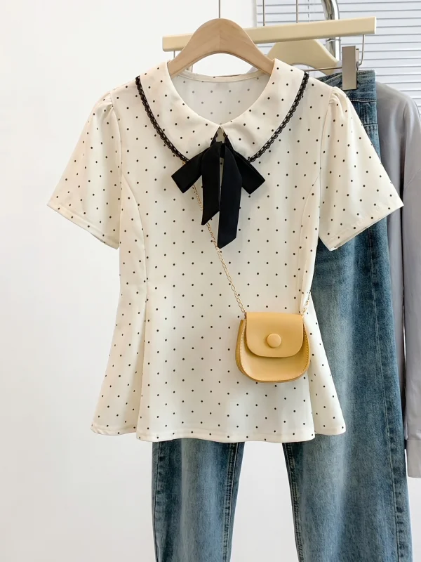 

Summer New Polka Dot Short Sleeve Doll Collar Women's Shirt Big Size Fluffy Top Korean Style Commute Wind Loose Fit Shirt
