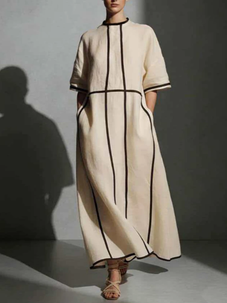 Minimalist Contrast Strip Linen Dress Women Round Neck Half Sleeve Loose Pocket Oversized Beige Long Kaftan Casual Maxi Dress
