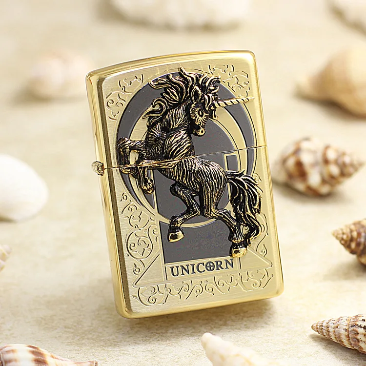 

Genuine Zippo oil lighter copper windproof One horned war horse Kerosene lighters Gift with anti-counterfeiting code