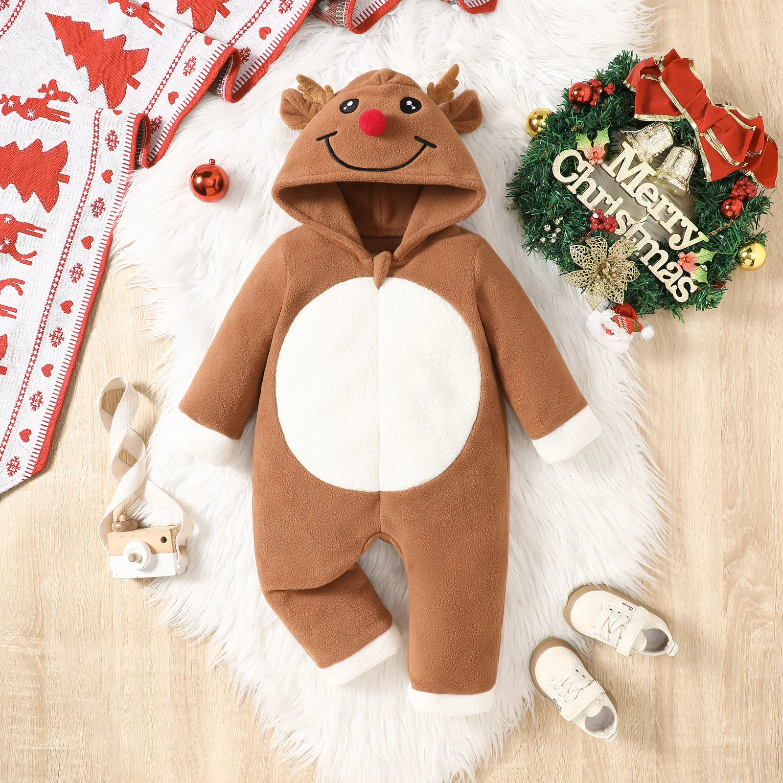 

MINISO Рождественский комбинезон с капюшоном и оленями, детский зимний комбинезон, утепленный теплый уличный плюшевый кавайный флисовый комбинезон для младенцев, От 0 до 1 года