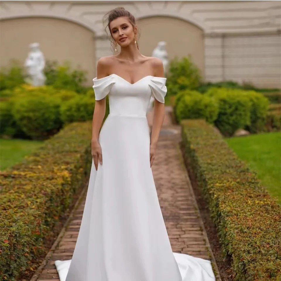 

Custom Made 2023 Off The Shoulder Wedding Dress Sweetheart A Line Court Train Simple Bridal Gown VestidosDe Novia Robe De Mariée