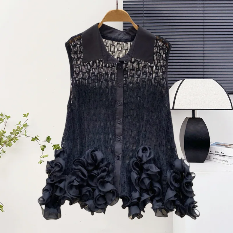 

Модная женская летняя блузка с дизайнерским акцентом, нишевый стиль, асимметричная 3D-блузка без рукавов с кружевными вырезами