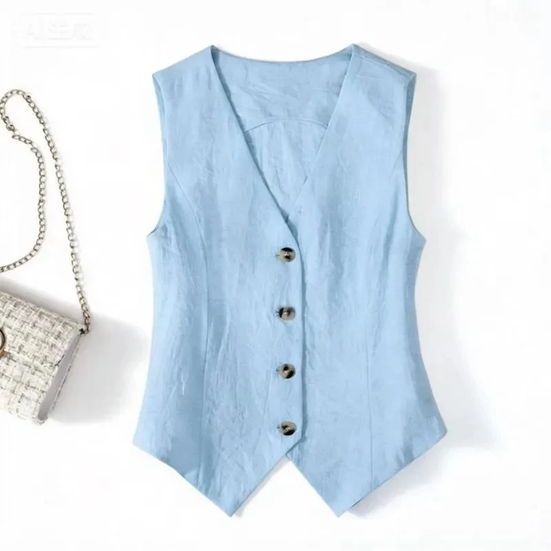 V-neck Cotton Linen Vest Women Waistcoat Spring Summer Casual Thin Sleeveless Short Korean Button Silm Women's Vests Coat