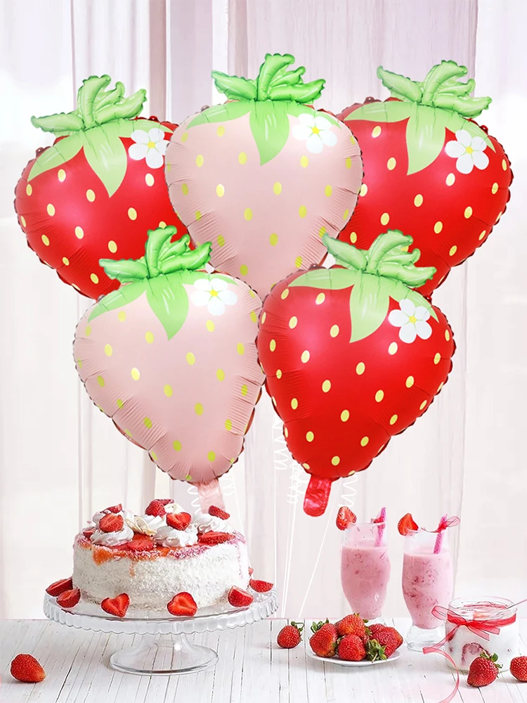 Globos de película de aluminio de fresa rosa y roja estilo ins para niñas, decoración de fiesta temática de fruta y fresa de cumpleaños, 5 uds.
