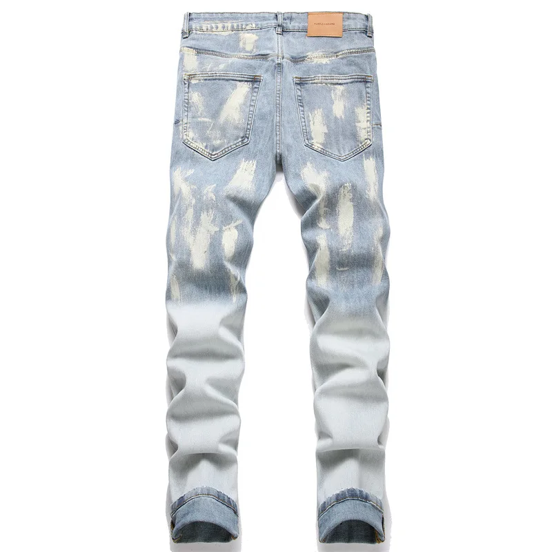 2024 New Mens Fashion Light Blue Jeans Spray Painting Slim Straight Jeans High Quality Jean Homme Men Denim Pants