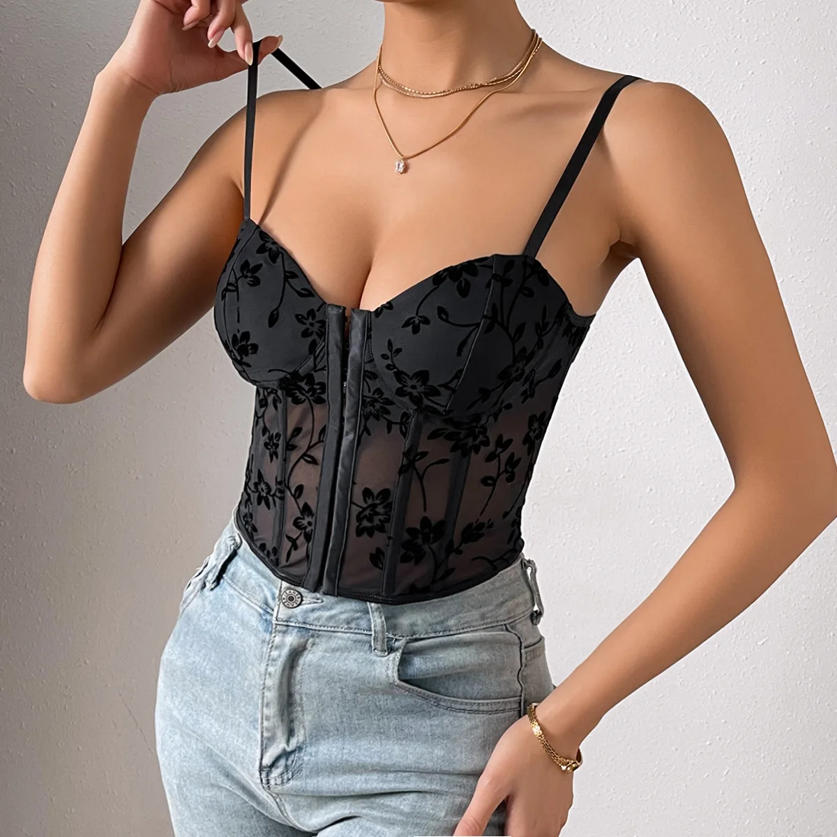 Sexy Stickerei Spitze Camis Tops Frauen Korsett Bra lette Cami Front knöpfe Ernte süße Weste elegante Französisch Chic Party Clubwear