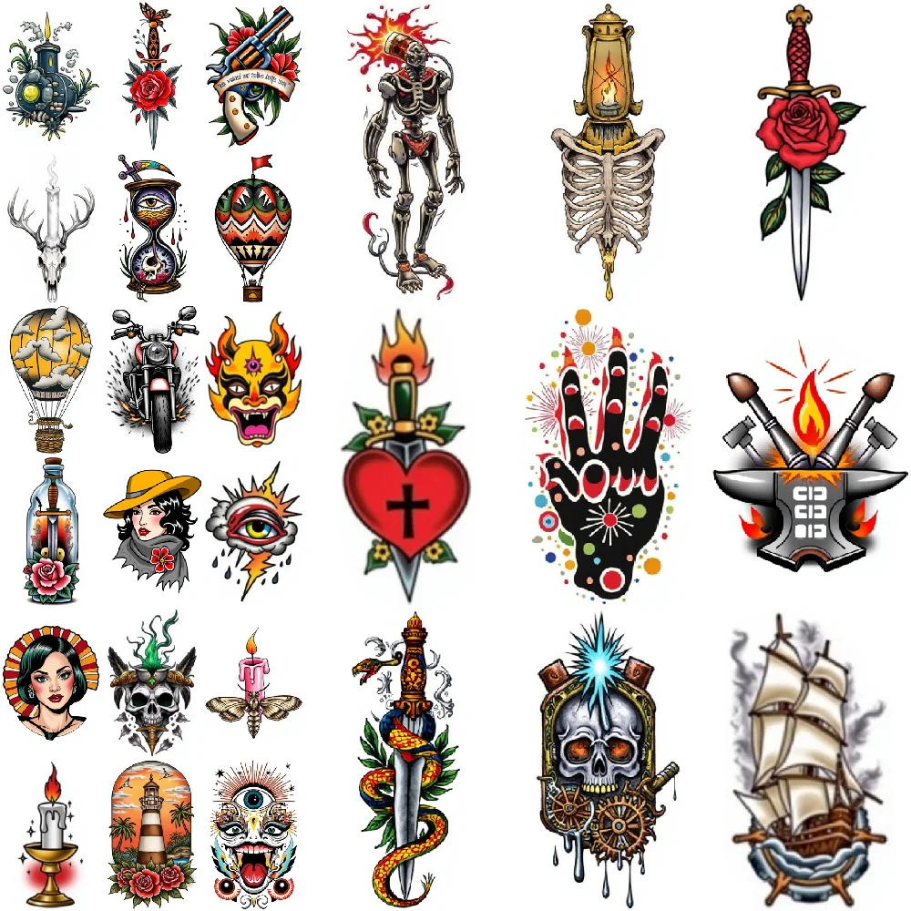 28pcs Temporary Tattoo New School Traditional Skeleton Skull With Smoke Heart With Cross For Women Men Arms