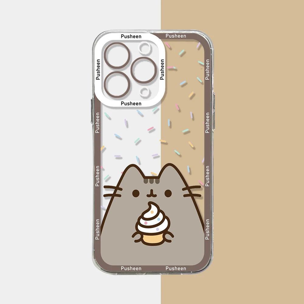 Funny Cute Pusheens Cat Phone Case For iPhone 15 14 13 12 11 Mini Pro Max X XR XSMax 6S 6 7 8 Plus SE20 Transparent Cover