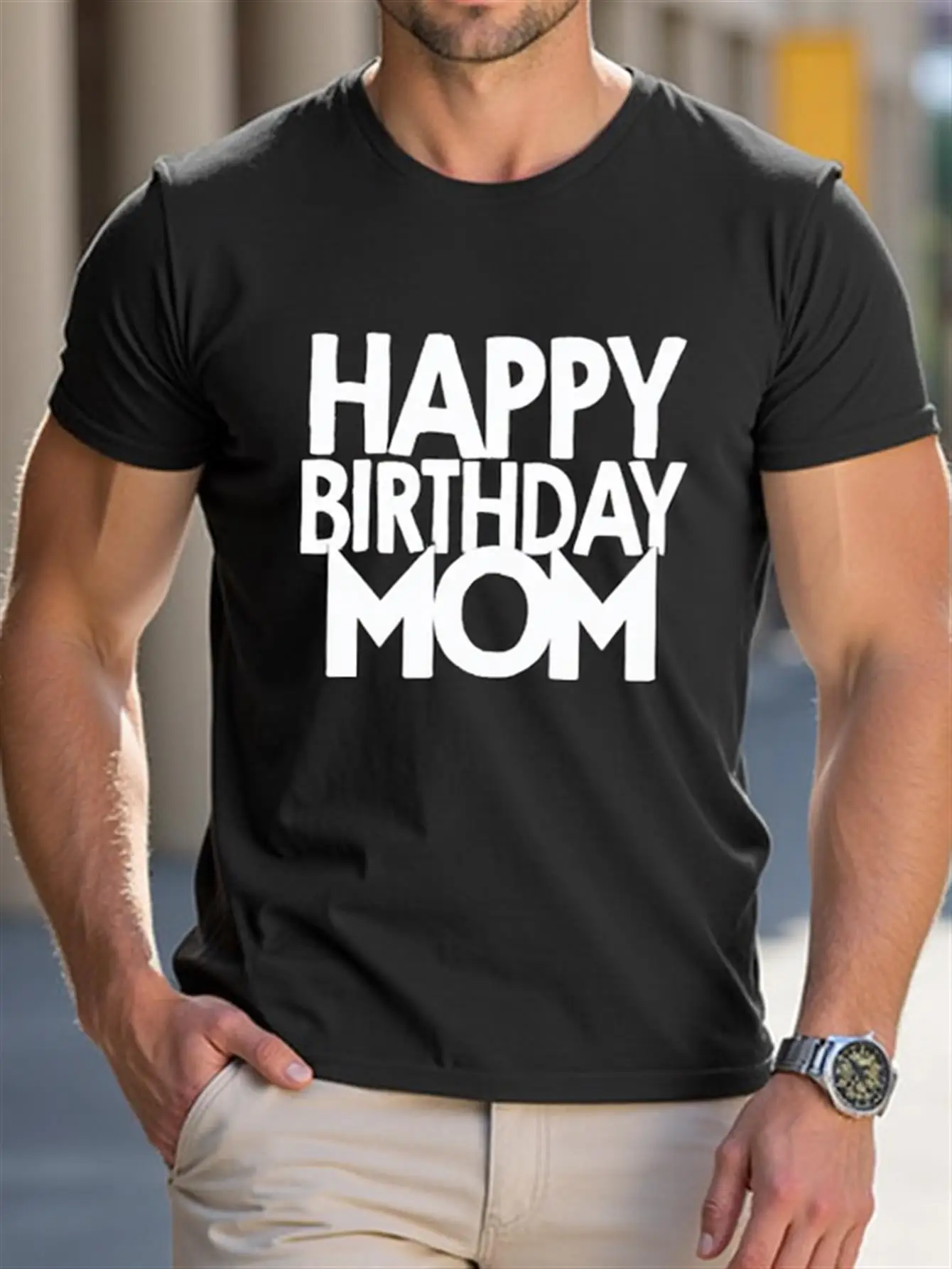 

Men's Happy Birthday Mom Graphic T-Shirt - Solid Birthday Gift Idea - Soft Crew Neck Casual Everyday Shirt - Birthday Party Outfit - All-Season Comfortable Fit T-Shirt for Mom - Ideal Birthday Gift for Father, Husband