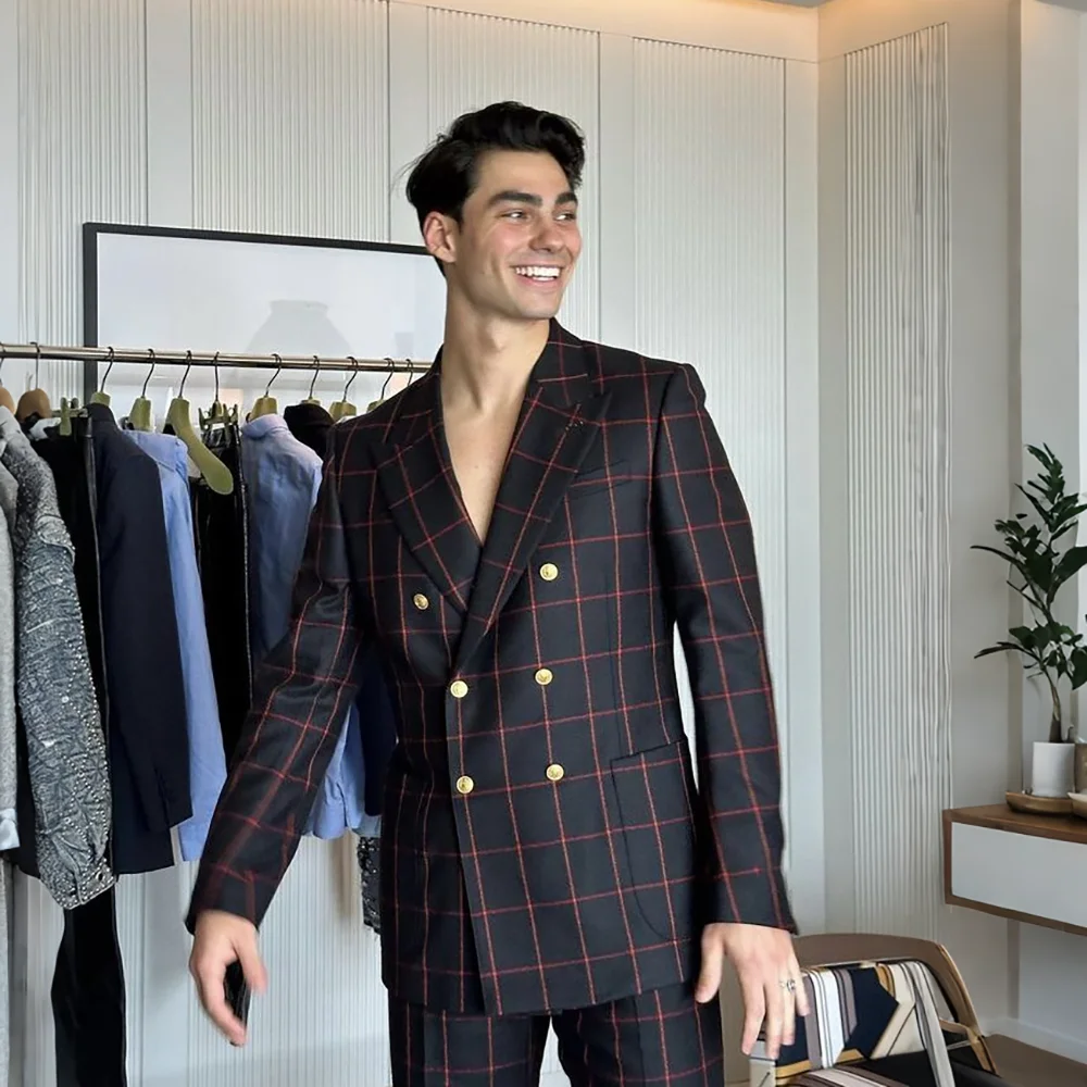 Classic Men's Red Plaid Double Breasted Suit Evening Party 2 Piece Set Jacket+Pants Formal Business Wedding Guest Outfit