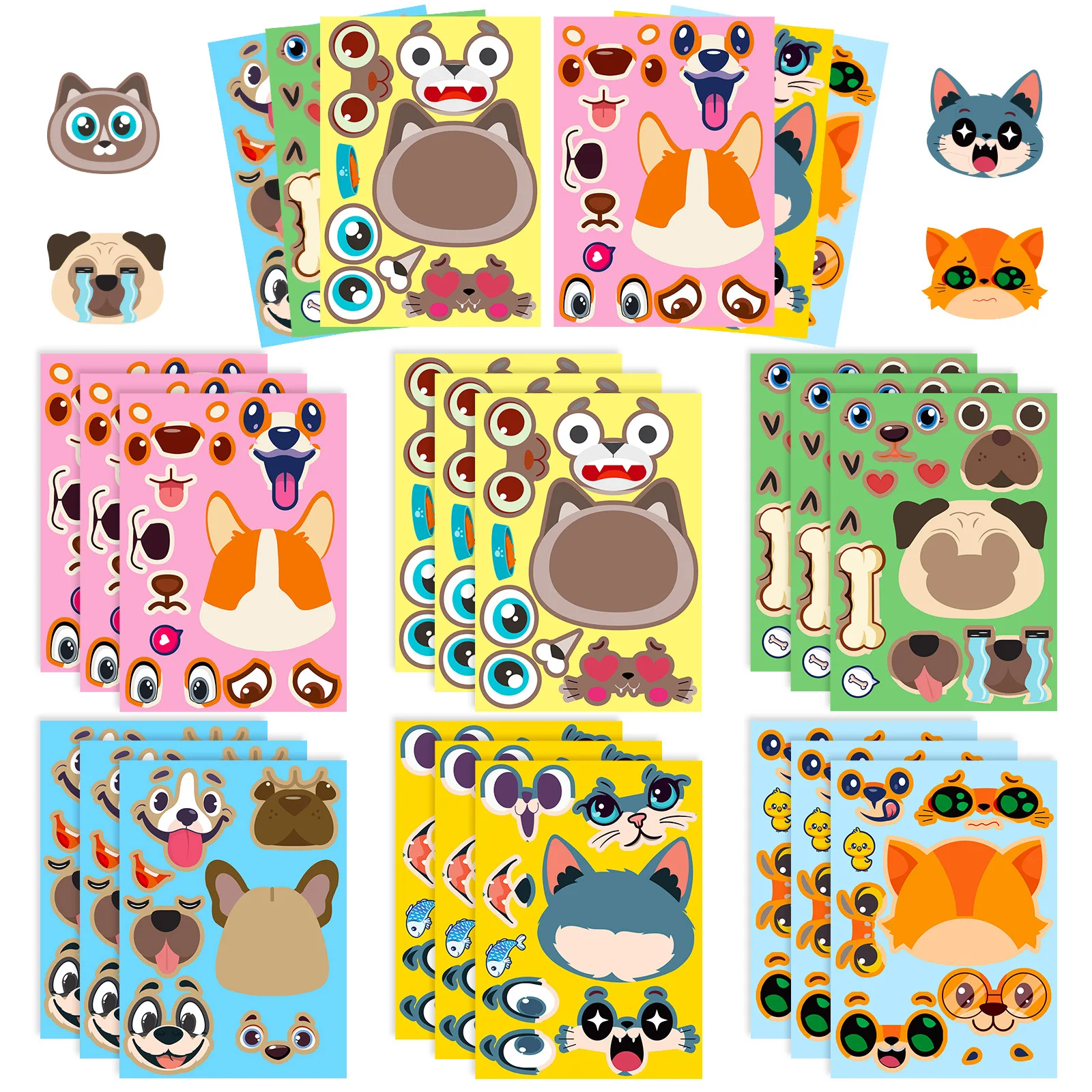 6 pcs cute cat and dog DIY puzzle stickers, funny face dressing, assembling puzzle stickers, children\'s puzzle toys