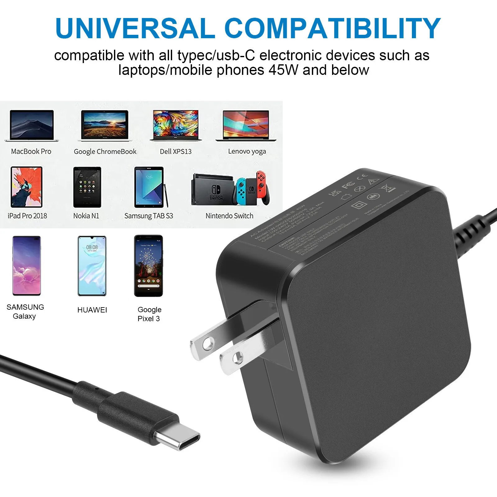 45W USB C Type C Power Charger for HP Chromebook Lenovo/Acer/Asus/Samsung Laptop view 3