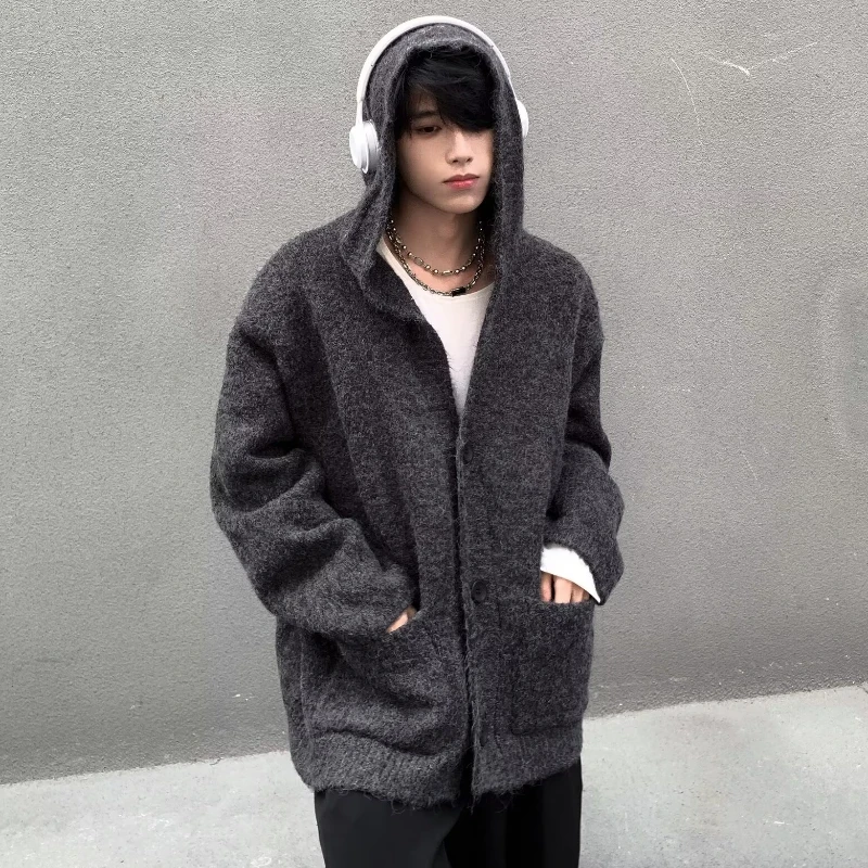 Winter Hooded Cardigans Men Cozy Vintage Baggy Knitted Outwear American Style Soft Commuter Slouchy Literary Кардиган Мужской