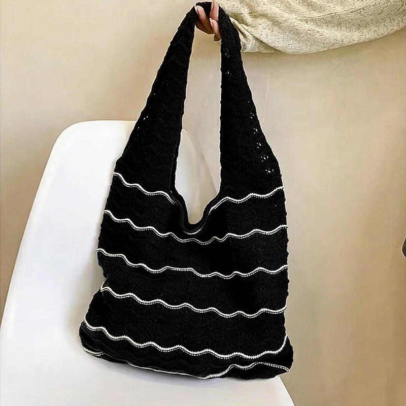

Fabric Spring New Shoulder Bags Striped Hollow Out Bags Female High Quality Soft Versatile Beach Commuting Tote Bag