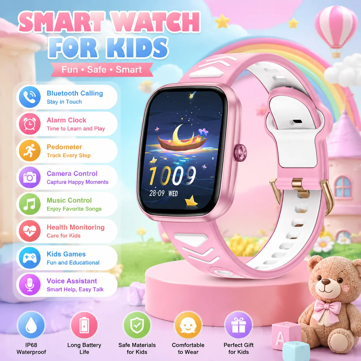 LIGE New Hot Children Smart Watch 1.75''HD Screen Music Control Multi-Mode Sports Health Monitor Bluetooth Call Kids Smartwatch