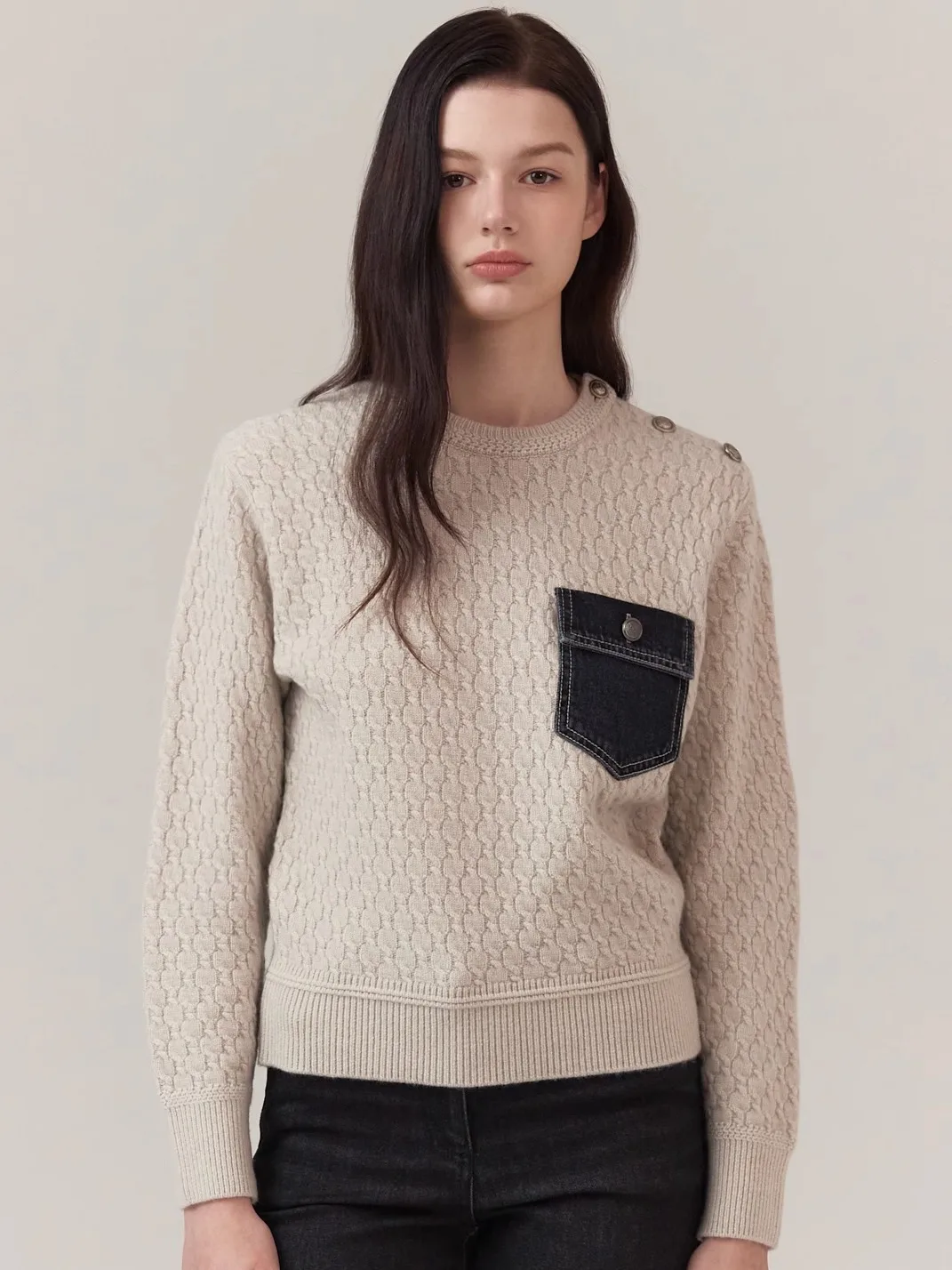 

MICOAT Autumn Winter Knitted Sweater Women's round Ne Twist Flower Denim Patchwork oulder Button Warm Sle Long Sve Top