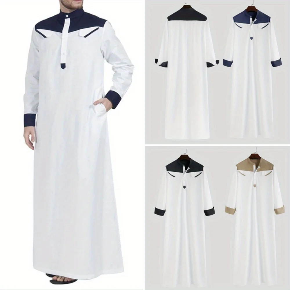 Breathable Color Block Muslim Long Dress for Men Comfortable Loungewear with Relaxed Fit