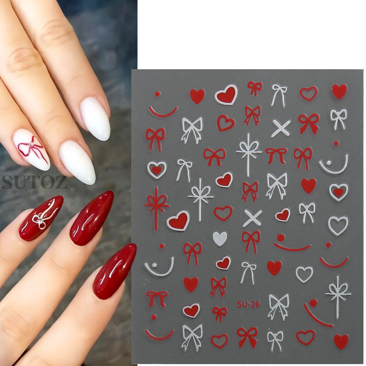 3D Nail Bow Decors Valentine Pink Bows Love Heart Nail Stickers Cute Bowknot Ribbons Nail Decals Bow-tie Manicure Supplies SU-27