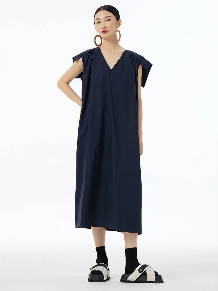 [EAM] Women Blue Belted Big Size Pocket Midi Elegant Shirt Dress New V-Neck Sleeveless Fashion Tide Spring Summer 2024 1DH6546