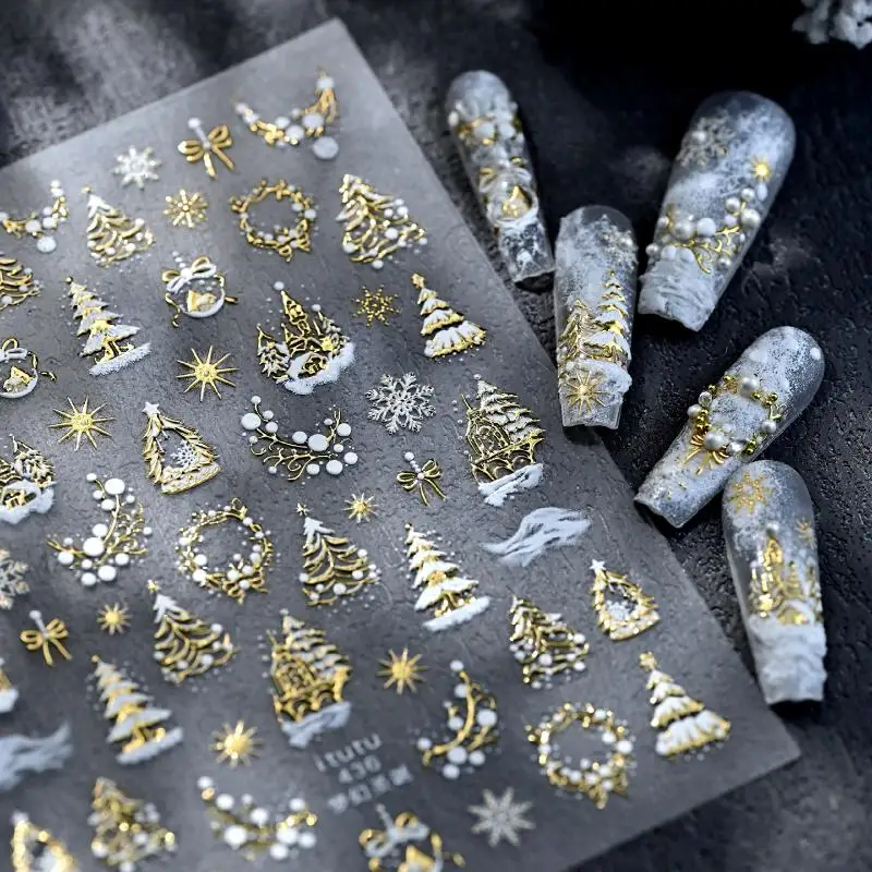 Christmas Embossed Nails Art Stickers Dreamy Castle Christmas Tree Snowflake Self-Adhesive Manicure Decals Nail Decoration