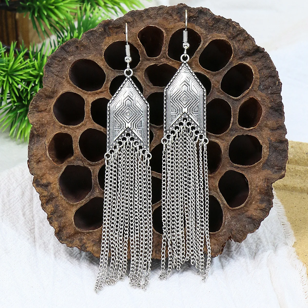 New Silver Color Chain Earrings for Women Vintage Ethnic Antique Carved Geometric Gypsy Long Earrings Indian Jhumka Jewelry Gift