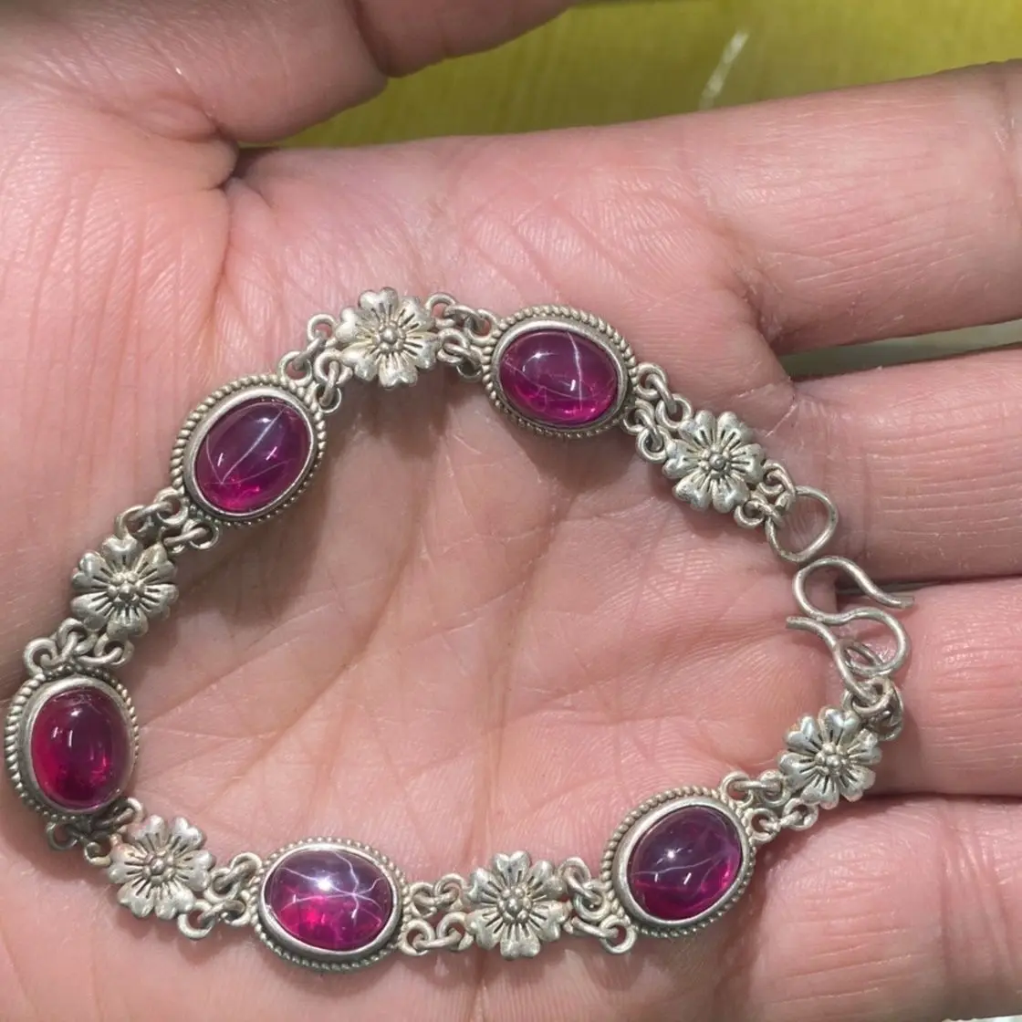 

Antique old silver starlight gemstone bracelet, hand - inlaid starlight gemstones, retro style