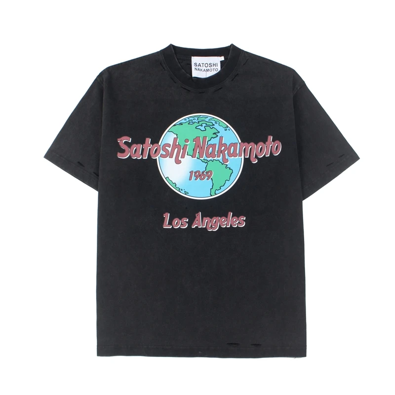 Summer fashion trend loose casual T-shirt SATOSHI NAKAMOTO black washed pure cotton short sleeved printed top Tee