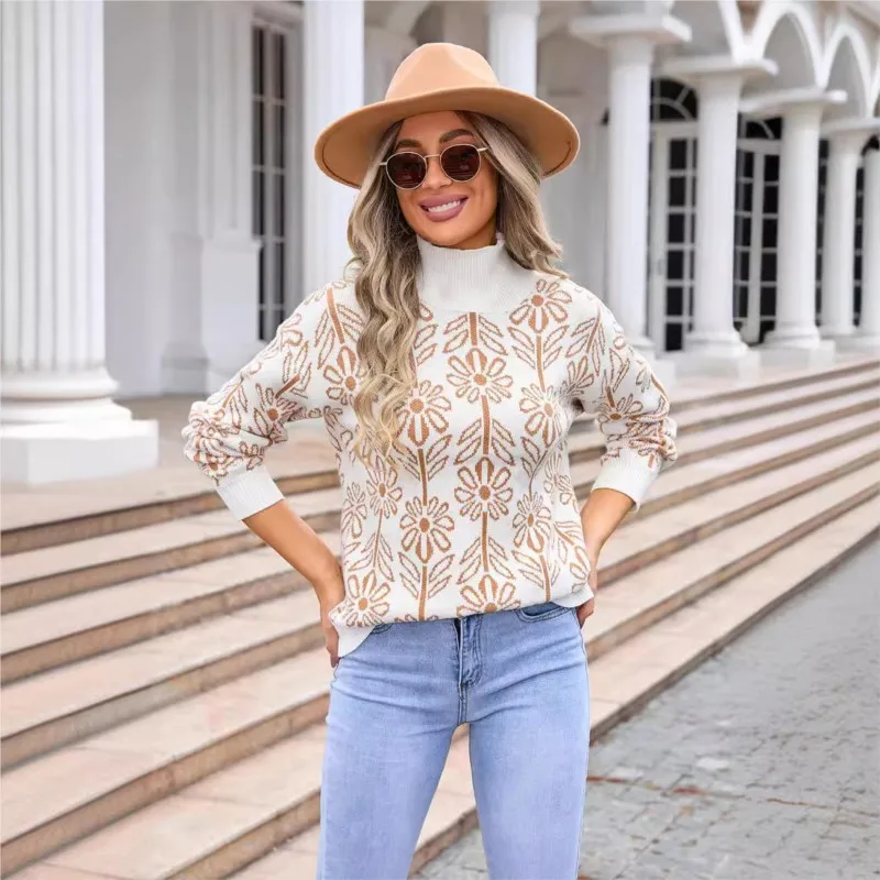 

Sweet Flower Women's Knitted Sweater Autumn And Winter New Item Round Neck Pullover Long Sleeved Knitted Sweater For Women 2024