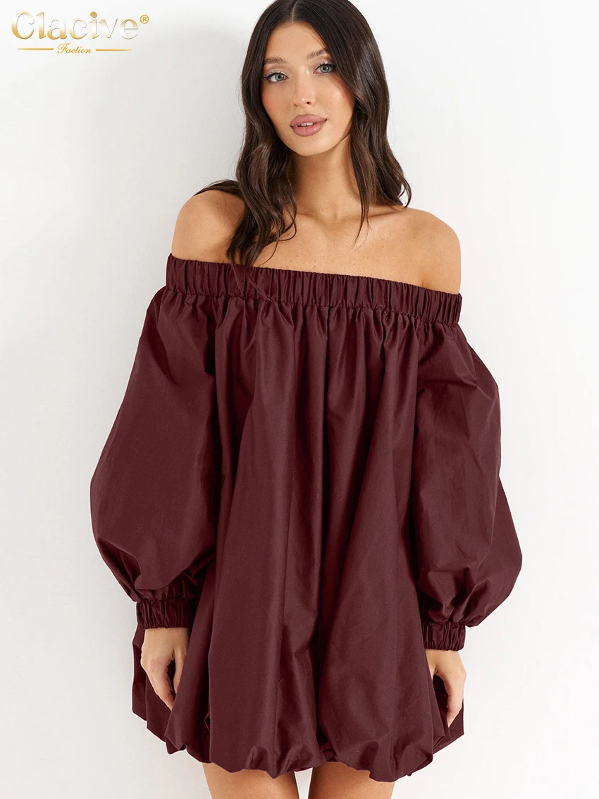 

Clacive Fashion Loose Wine Red Women's Dress 2025 Sexy Slash Neck Long Sleeve Mini Dresses Elegant Classic Solid Female Dress