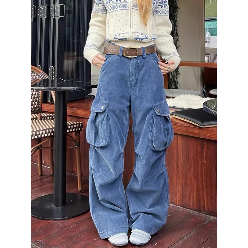 

ZHIZOU женские мешковатые брюки цвета хаки Y2k синие брюки Harajuku брюки бойфренда японский стиль 2000-х годов винтажные брюки большого размера весенняя одежда