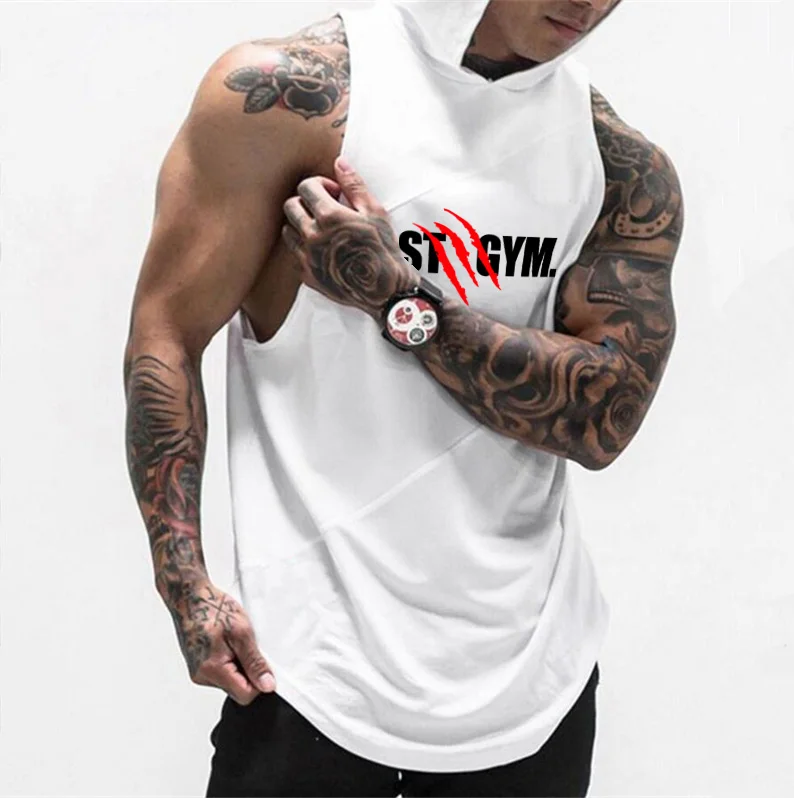 Jogging Sports T-shirts Mens Casual Street Hip Hop Hooded Tank Top Cotton Sleeveless Sweatshirt Fitness Workout Sportswear Tops