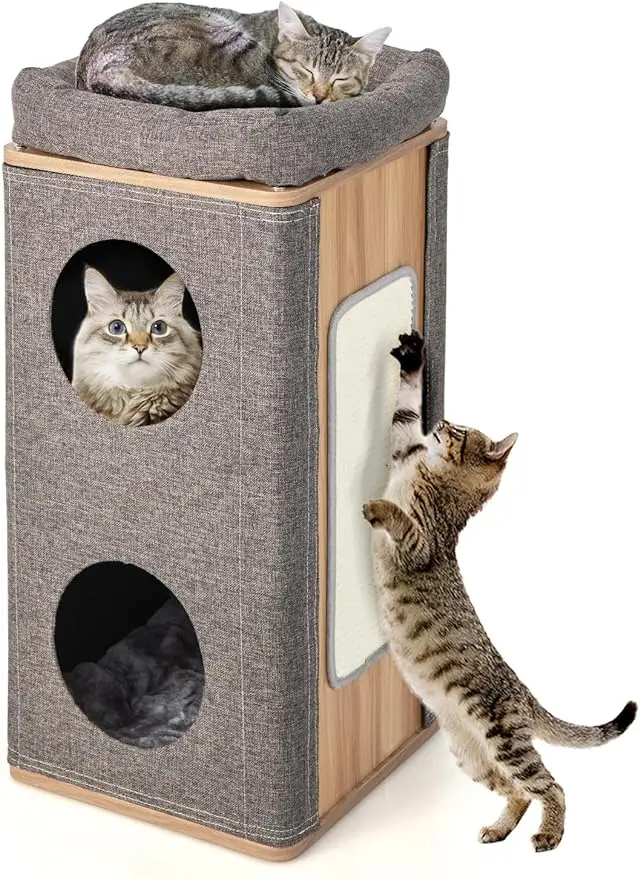 Tangkula 3-Story Cat Tree Condo, Wooden Cat House with Scratching Board, 2 Hideaways & Removable Soft Top Plush Bed, Modern Barr