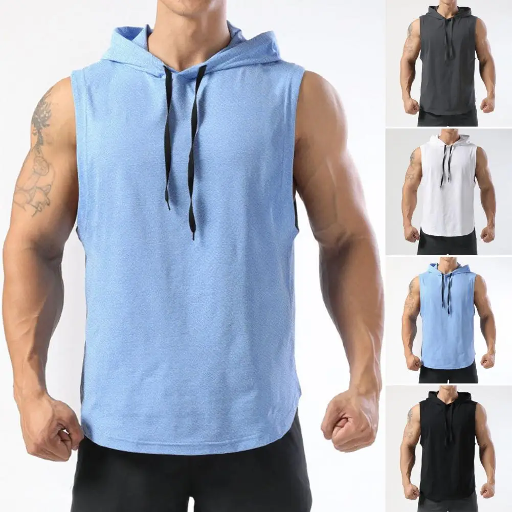 

Men Vest Men's Hooded Workout Tank Top with Drawstring Solid Color Gym Sport Vest for Jogging Mid Length Loose Fit Athletic