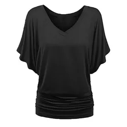 Elegant Women Blouse Casual T-shirt 2024 Summer Simple Solid Short Sleeve V-neck Office Lady Shirt Top Loose Batwing Sleeve Tops